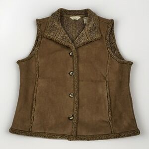 L.L. Bean Faux Shearling Vest Women's Brown Sherpa Button Up Size Large